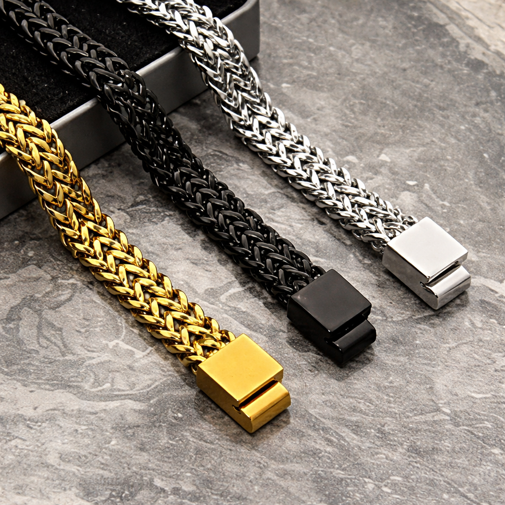 Men’s Stainless Steel Wheat Chain Bracelet – Durable Braided Link Bangle