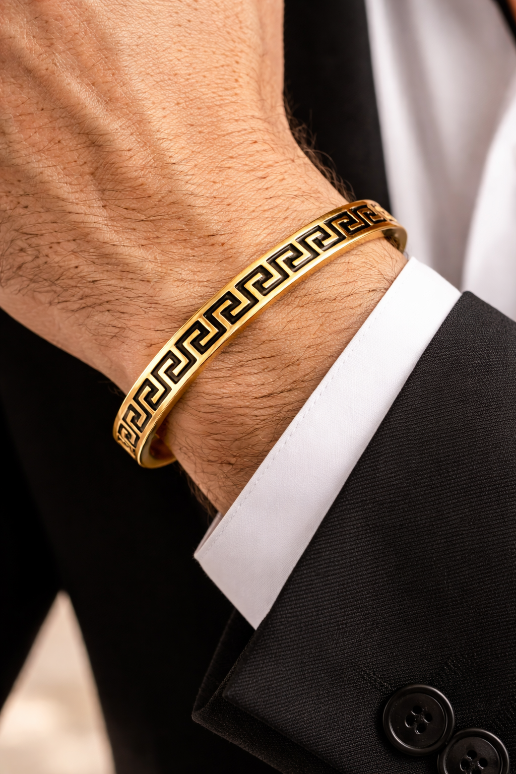 Premium Greek Key Bracelet – Luxury Gold-Tone Stainless Steel Bangle for Unisex