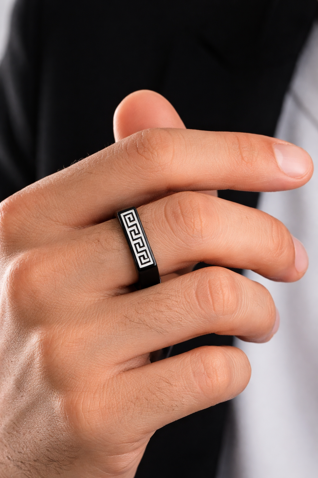 Men Black Stainless Steel Greek Pattern Ring – Premium Luxury Fashion Ring for Men | Durable & Stylish Band