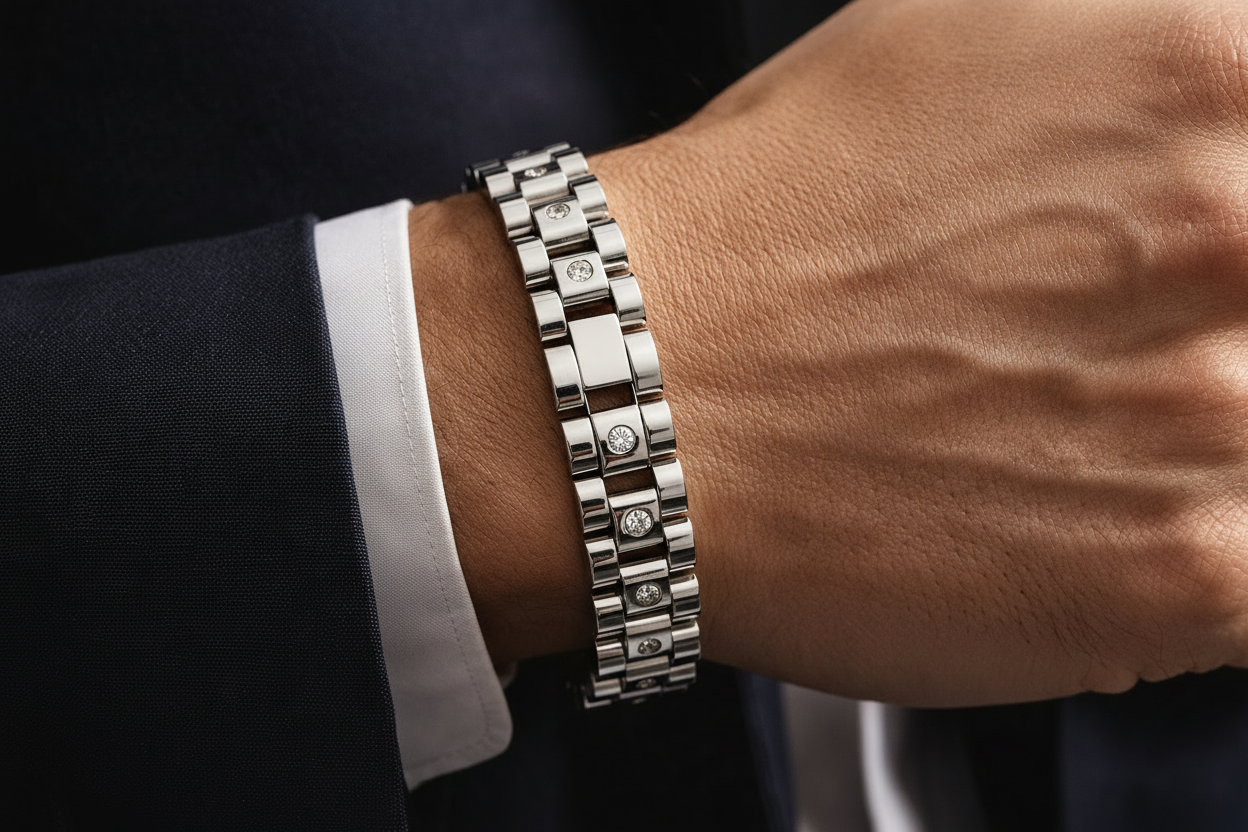 Luxury Silver Stainless Steel Link Bracelet with Crystal Stones for Men