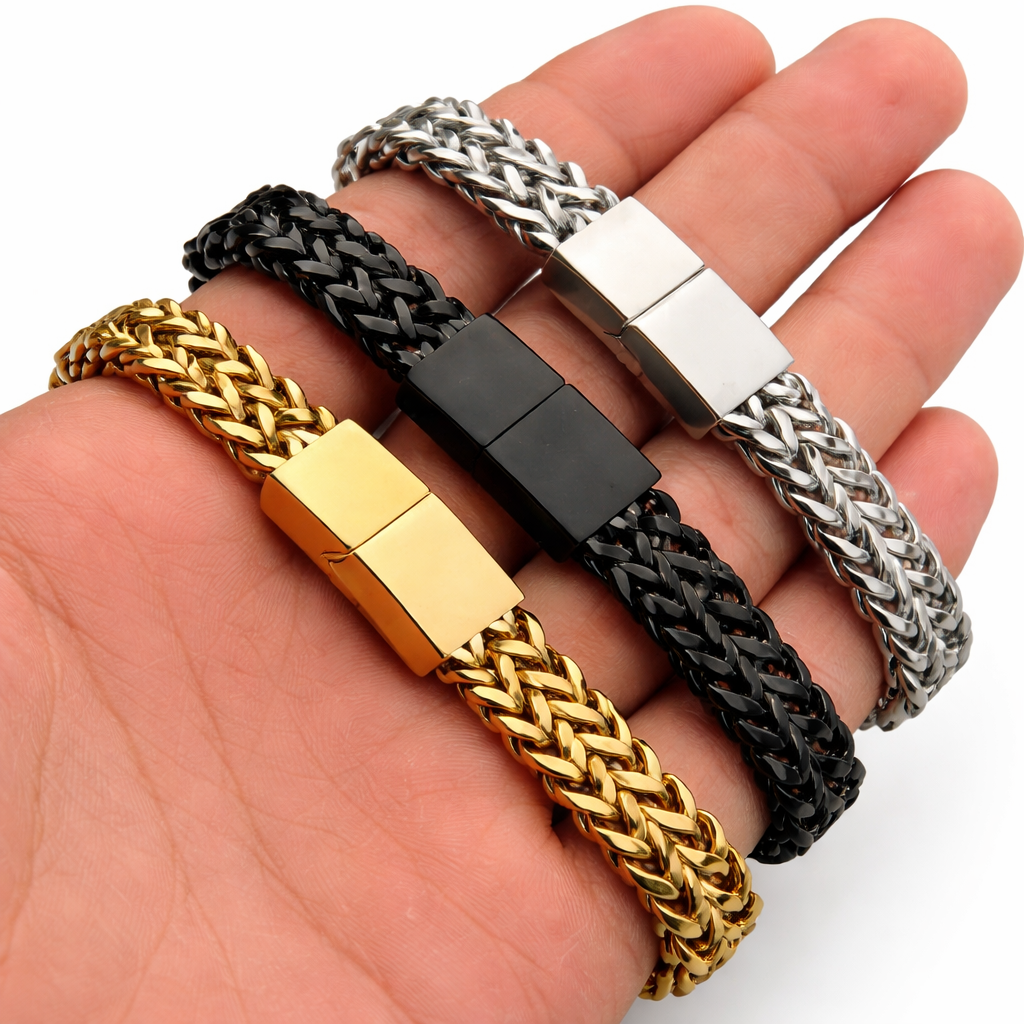 Men’s Stainless Steel Wheat Chain Bracelet – Durable Braided Link Bangle