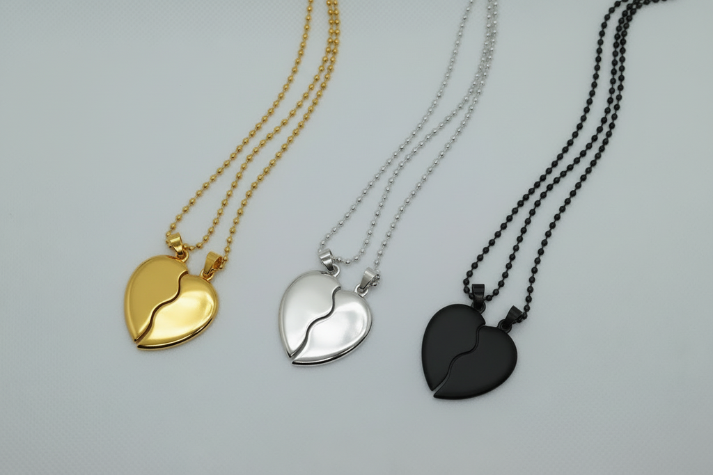 Magnetic Broken Heart Pendant Necklace – Gold, Silver & Black