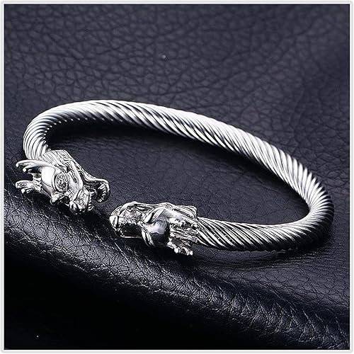 Premium Antique Silver Dragon Bracelet for Men - Stainless Steel Twisted Bangle - Mythic Dragon Head Wristband