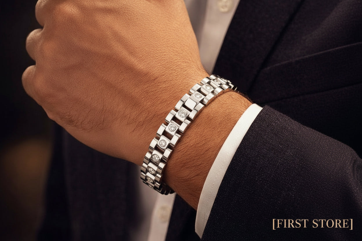 Luxury Silver Stainless Steel Link Bracelet with Crystal Stones for Men