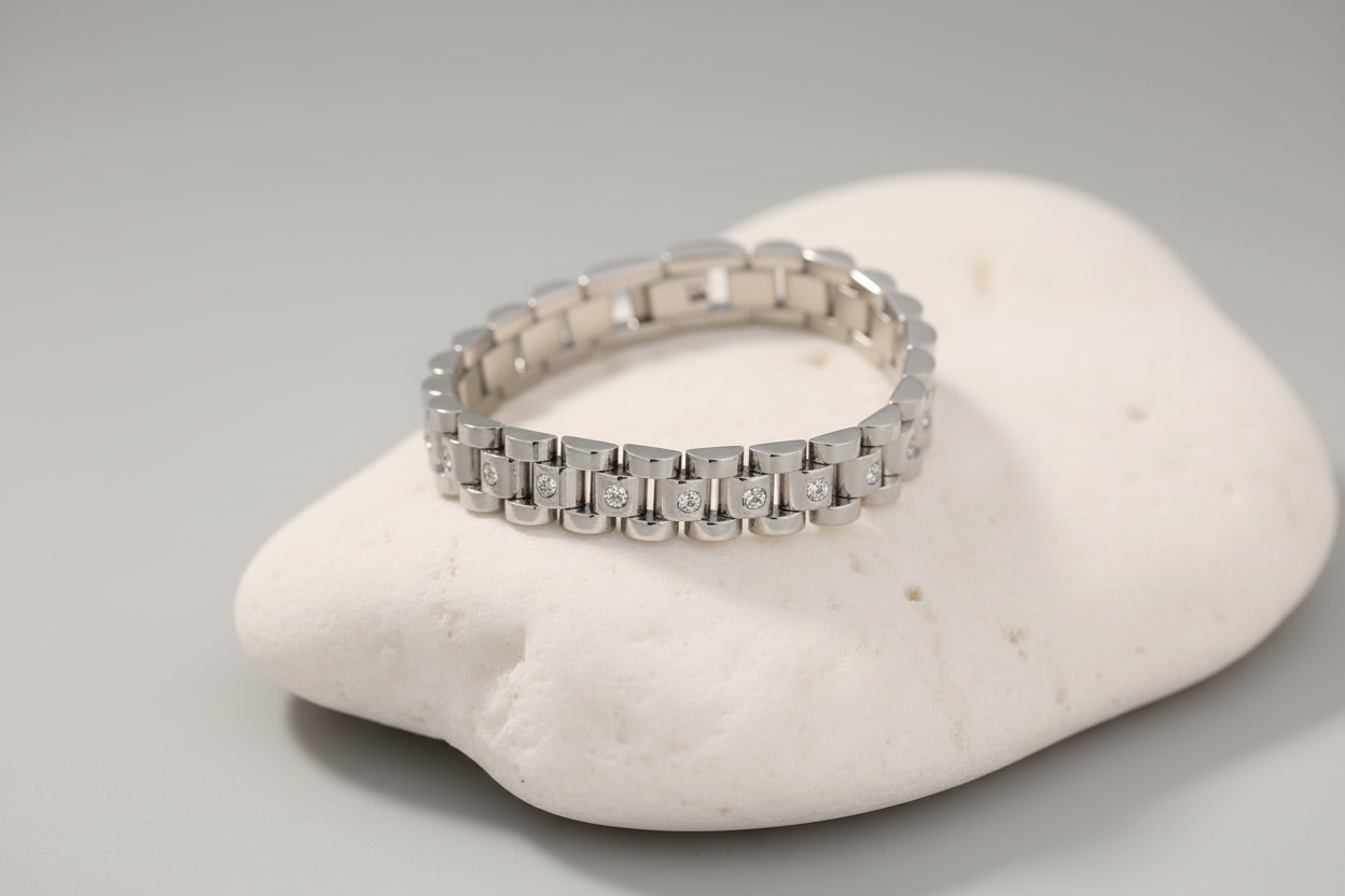 Luxury Silver Stainless Steel Link Bracelet with Crystal Stones for Men