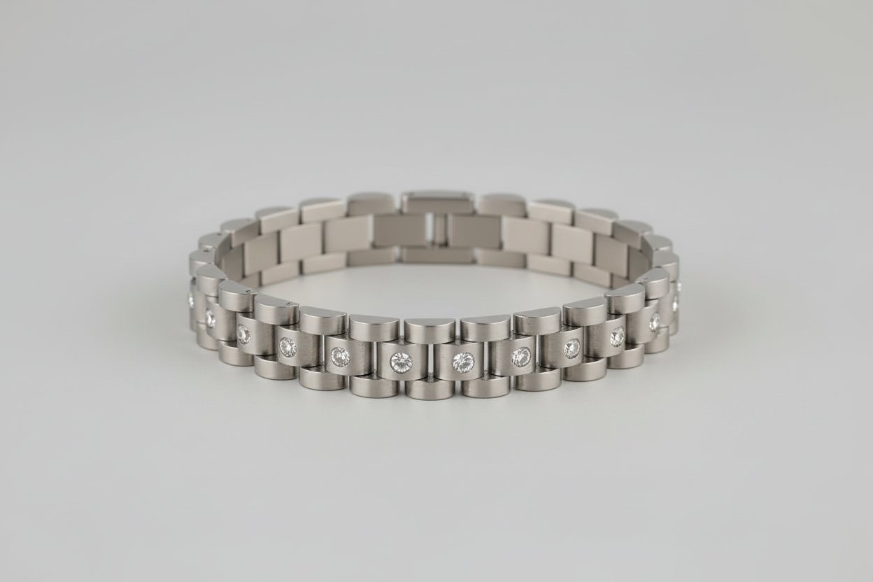 Luxury Silver Stainless Steel Link Bracelet with Crystal Stones for Men